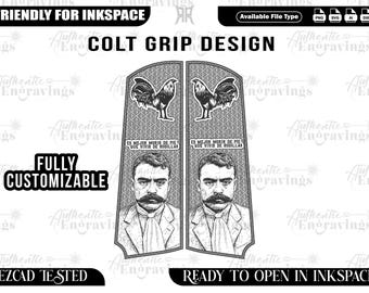 May include: Colt grip design with a rooster and portrait illustrations. The design includes the text "ES MEJOR MORIR DE PIE QUE VIVIR DE RODILLAS". Fully customizable and ready to open in Inkspace.