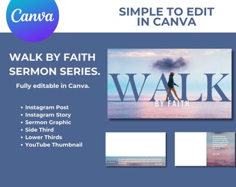 Gráficos de la serie de sermones "Camina por fe": Plantilla de marketing para iglesias (Canva, descarga digital)