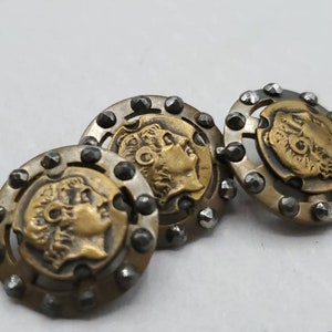Vintage Button, 3 small matching, size 5/8&quot; 16mm Greek God cameo Collector metal, Victorian (dec 9 21)