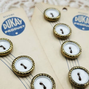 Vintage Buttons - lot of 2 cards, 8 small matching white color gold metal rim accent Carded NOS 9/16&quot;  14mm Dukay brand(nov 393 21)