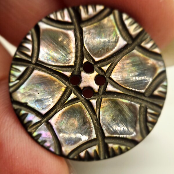 Vintage Buttons - 1 mother of pearl,  incised large design, smokey beautiful 1 1/8" 28mm, Victorian (feb 292 24)