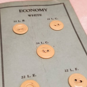 Puede incluir: Una tarjeta con las palabras "ECONOMY" y "WHITE" impresas en ella. Hay seis botones en la tarjeta, cada uno con un tamaño diferente y etiquetado con una letra y un número. Los botones son todos de color melocotón claro.