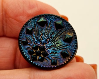 Vintage Buttons - 1 jet black glass, luster painted shooting star design metal shank 7/8" 22mm( mar 819 24)