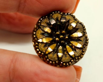 Vintage Buttons - 1 jet black glass, flower design gold luster painted design metal shank 7/8" 22mm( mar 809 24)