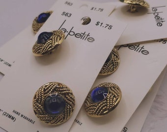 Vintage Buttons - 1 card, matching lot of 2 buttons, cobalt blue & gold design medium, 7/8&quot; 22mm la petite brand (C 75)