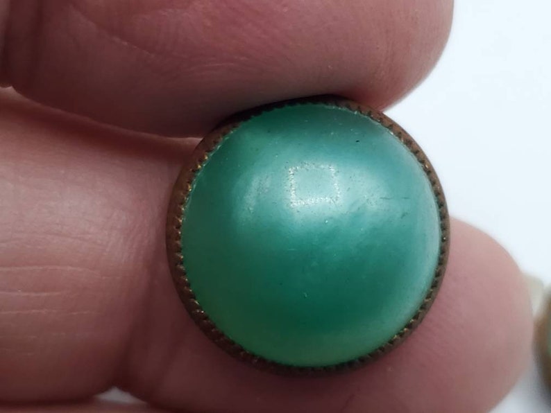 jan 45 21 Vintage buttons Beautiful 2 small and medium fancy Victorian pale green moon glow acrylic center brass metal setting