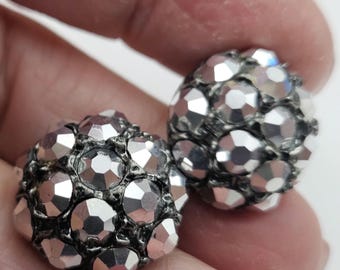 Vintage rhinestone button - 2 matching, 11/16" 17.5mm iridescent silver cast glass, silver finish metal (mar 930 26)