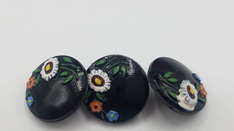 Vintage Button 3 beautiful black multi floral color design glass small size 12 nov 317 20 13 mm