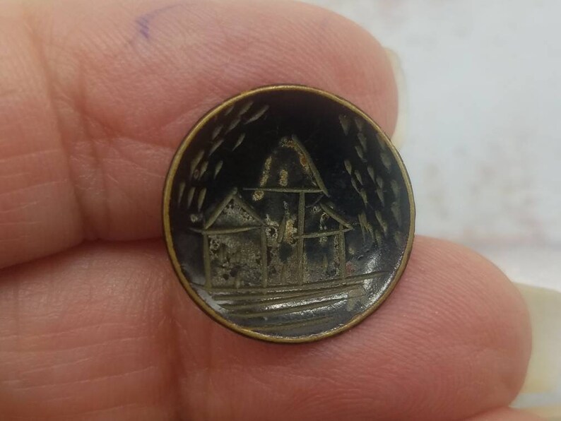 1 beautiful Vintage button apr 312 20 black enamel etched village design 34 inch