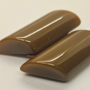 May include: Two brown, glossy, elongated objects with rounded ends are displayed. The objects have a smooth, polished surface and a slight curve. They are positioned close together, suggesting they are a pair or set.