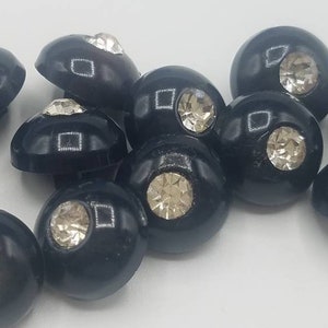 Vintage Buttons -  12 beautiful, small rhinestones solitaire set in black plastic 7/16&quot;, 11mm, New old Stock (Nov 833 20)