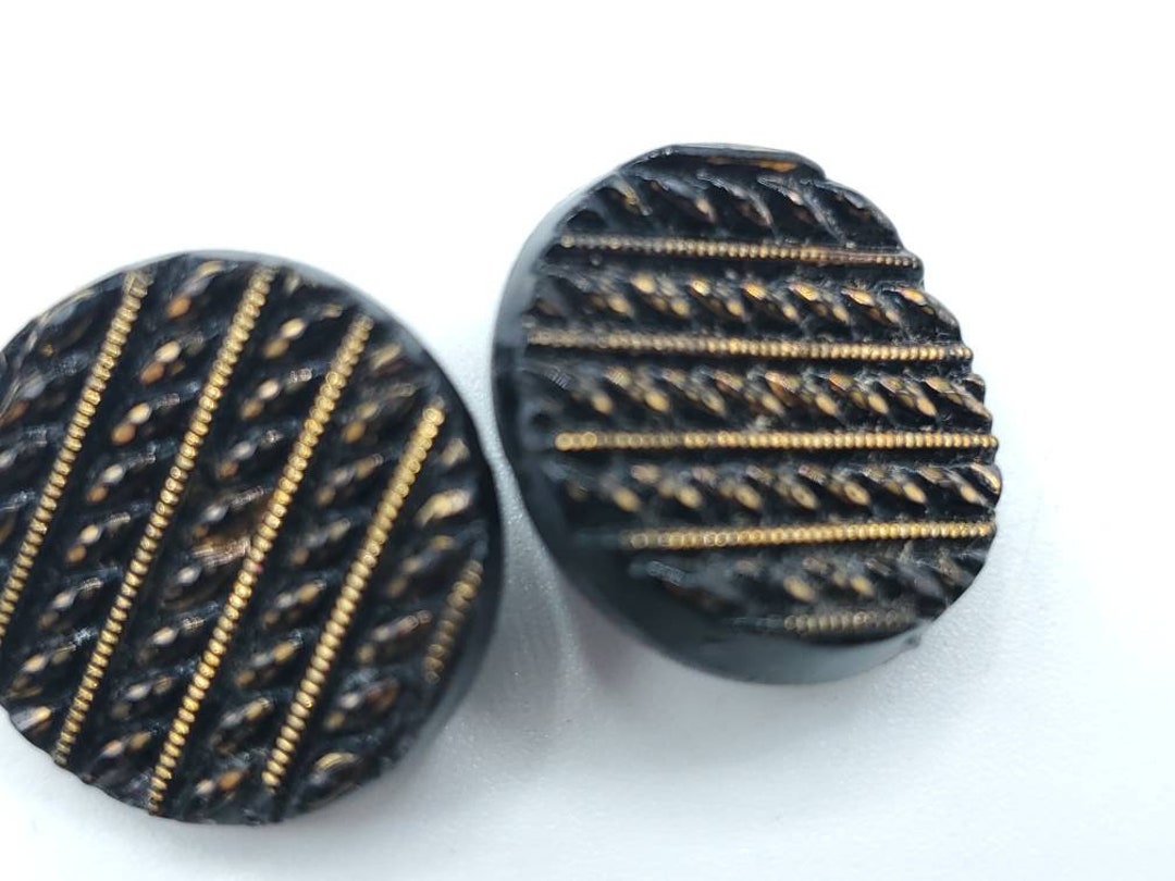 Vintage Buttons - 2 Medium Jet Black Glass, Pressed Gold Scored La Mode ...