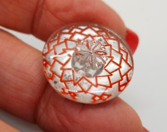 Vintage Buttons - lot of 1 reverse painted pressed clear with red Refecter glass design medium 13/16" 20.5mm, shank(dec 93 23 )