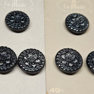 Botões Vintage, La Mode, 2 cartas, 6 botões no total, vidro preto com brilho prateado, 11/16" 17,5 mm (jun 388 23)