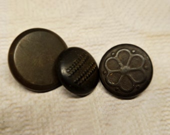 Vintage Buttons - 3 assorted black, 3/4" 19mm, 1/2" and 9/16" Collector early rubber mid 1800 Goodyear Rubber Co.  stamped 1851 (jun 90 23)