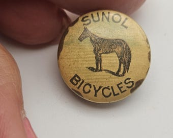 Vintage Sunol Bicycles button: advertising button, horse design, late 1800's celluloid over metal collar stud (mar 850 26)