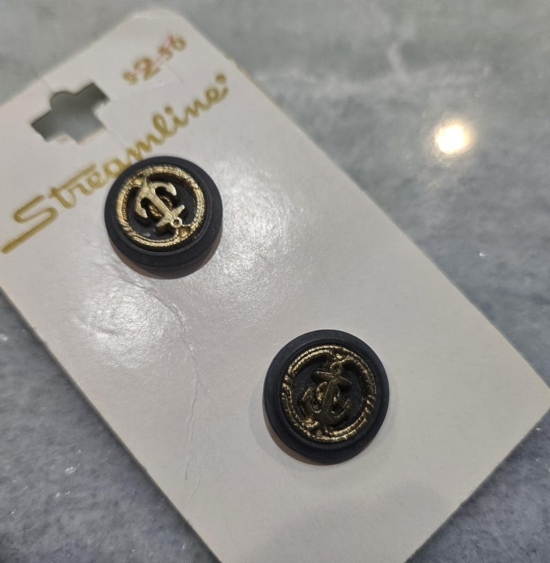 Stream Line Gold Buttons Vintage Buttons - 1 Card, Lot of 2 Buttons, Gold Metal Anchor Plastic ...