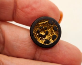 Vintage Buttons - lot of 1 gold luster small size 9/16" 14mm pressed floral design, jet black glass, (apr 118 24)