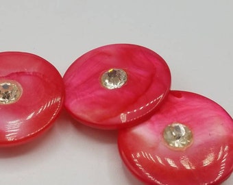 Vintage Buttons - lot of pink dyed mother of pearl, 3 medium size, 3/4&quot; 19mm matching rhinestone center shank back disk, (nov 887 20)