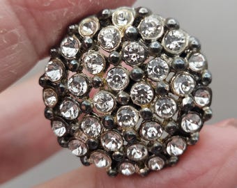 Vintage rhinestone button - 1, 1" 25.5mm clear glass, silver finish metal glass(mar 950 26)