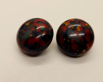 Vintage Buttons - 2 light weight tight top celluloid 3/4" 19mm, black with multi colors matching (feb 45 24)