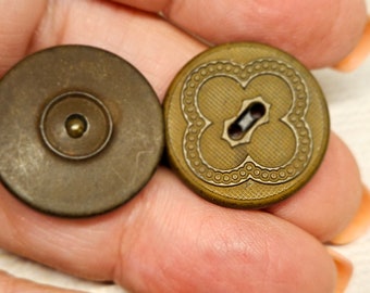 Vintage Buttons - 2 assorted black, 3/4" 19mm Collector early rubber mid 1800 Goodyear Rubber Co.  stamped 1851 (jun 46 22)