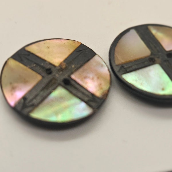 Vintage Buttons 2 matching mother of pearl inlay, black composite small size design 5/8" 16mm collector iridescent, sew thru(mar 87 24)