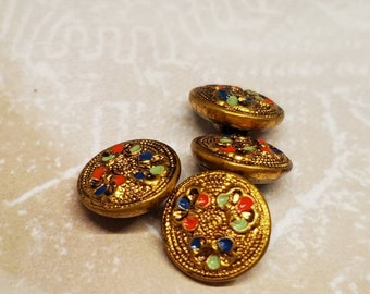 Vintage Buttons -4 multi color enamel beautiful brass design 3/8"  9.5mm waistcoat buttons Collector metal Victorian,(may 15 23)
