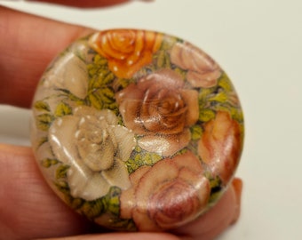 Vintage Button 1 beautiful extra large 1 3/8" 35mm rose floral wallpaper look glass design, shank (mar 832 24)