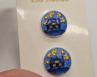 Vintage Buttons - 1 card, matching lot of 2 buttons, blue plastic House with stars and moon small 5/8" 16mm JHB brand (apr 113 24)