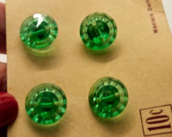 Vintage Buttons 4 small size matching green glass, carded NOS 1/2" 13mm, shanks(apr 125 24)