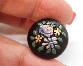 Vintage Buttons - lot of 1 hand painted flowers, black glass design medium 7/8" 22mm, shank(dec 288 23)