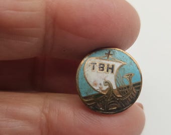 Vintage Advertising button: TBH, ship motif late 1800's painted enamel over metal collar stud (mar 888 26)