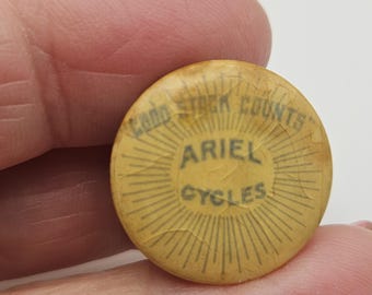 Vintage button: advertising button, Good Stock Counts, Ariel Cycles  design, late 1800's celluloid over metal collar stud (mar 849 26)
