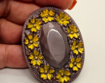 Vintage Button 1 beautiful extra large 2" 51 mn oval lavendar with gold flowers glass novelty, metal shank (mar 824 24)