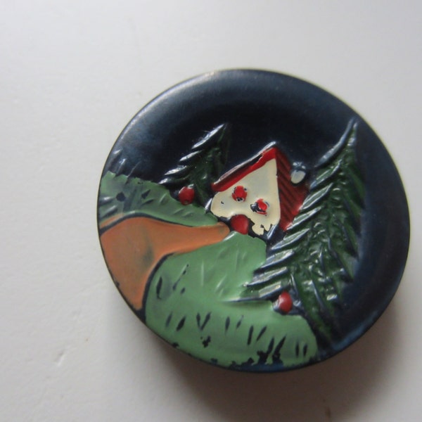 Vintage Buttons - 1 sweet hand painted button, little cottage in the woods, old and sweet (7665)