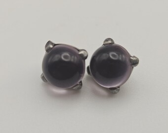 Vintage Button, 2 matching pale purple round glass ball center  3/8" 9.5mm silver metal, ( mar 954 26)