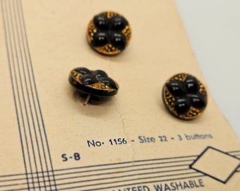 Vintage Buttons  Exquisit brand 3 small size matching gold luster glass, jet black, carded NOS 1/2" 13mm(apr 102 24)