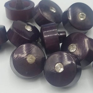 Vintage Buttons -12 beautiful, small rhinestones solitaire set in deep eggplant, aubergine plastic 7/16&quot;, 11mm, New old Stock (Nov 830 20)