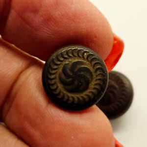 Vintage Buttons - 2 matching black, 9/16&quot; 14mm Collector early rubber mid 1800 Goodyear Rubber Co.  stamped 1851, metal shank (may 229 24)