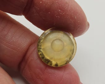 Vintage Buttons 1 small reflective black, yellow glass 9/16", 14mm charmstring metal shank, Victorian (mar 930 24)
