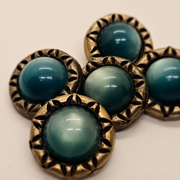 Vintage Buttons -5 matching medium 7/8" 22mm aqua marine moonglow stone metalized plastic design shanks (jan 155 24)