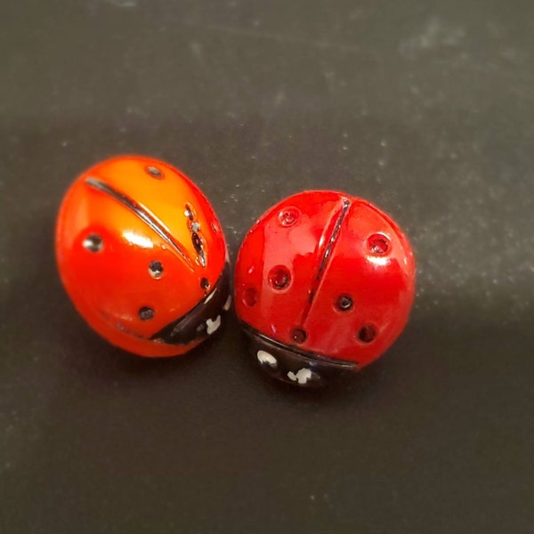 Vintage Button - 2 buttons, red painted glass Ladybugs 1970's JHB Imports brand NOS (sept 377 22)