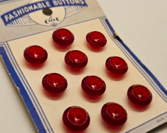 Vintage Buttons - matching 10 small size, red transparent carded NOS Fashionable Button brand, 3/8" 9.5mm sew thru (apr 121 24)