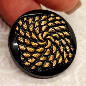 Vintage button, 1 heavy weight glass novelty jet black, gold braided design  1&quot; 25.5mm, shank(july 525 23)