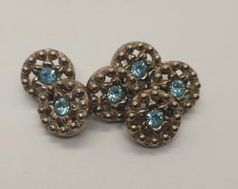 Vintage Buttons,  6 NOS metalized brilliant plastic solitaire rhinestone blue pierced flowers 1/2" 13mm( nov 475 23)