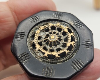 Vintage Buttons- 1 extra large, novelty Bakelite black brass metal filigree ovetlay, 1 1/2" 38mm, metal shank (mar 835 26)