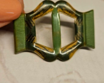 Vintage, 1 Art Deco belt buckle, green & brown light weight glow celluloid and metal back (may 523 23)