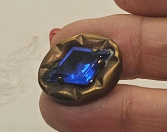 Vintage Button,  sapphire glass jewel center, oval brass Art Deco design, medium 7/8" 22mm(jan 46 26)