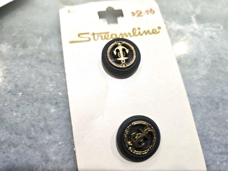 Stream Line Gold Buttons Vintage Buttons - 1 Card, Lot of 2 Buttons, Gold Metal Anchor Plastic ...